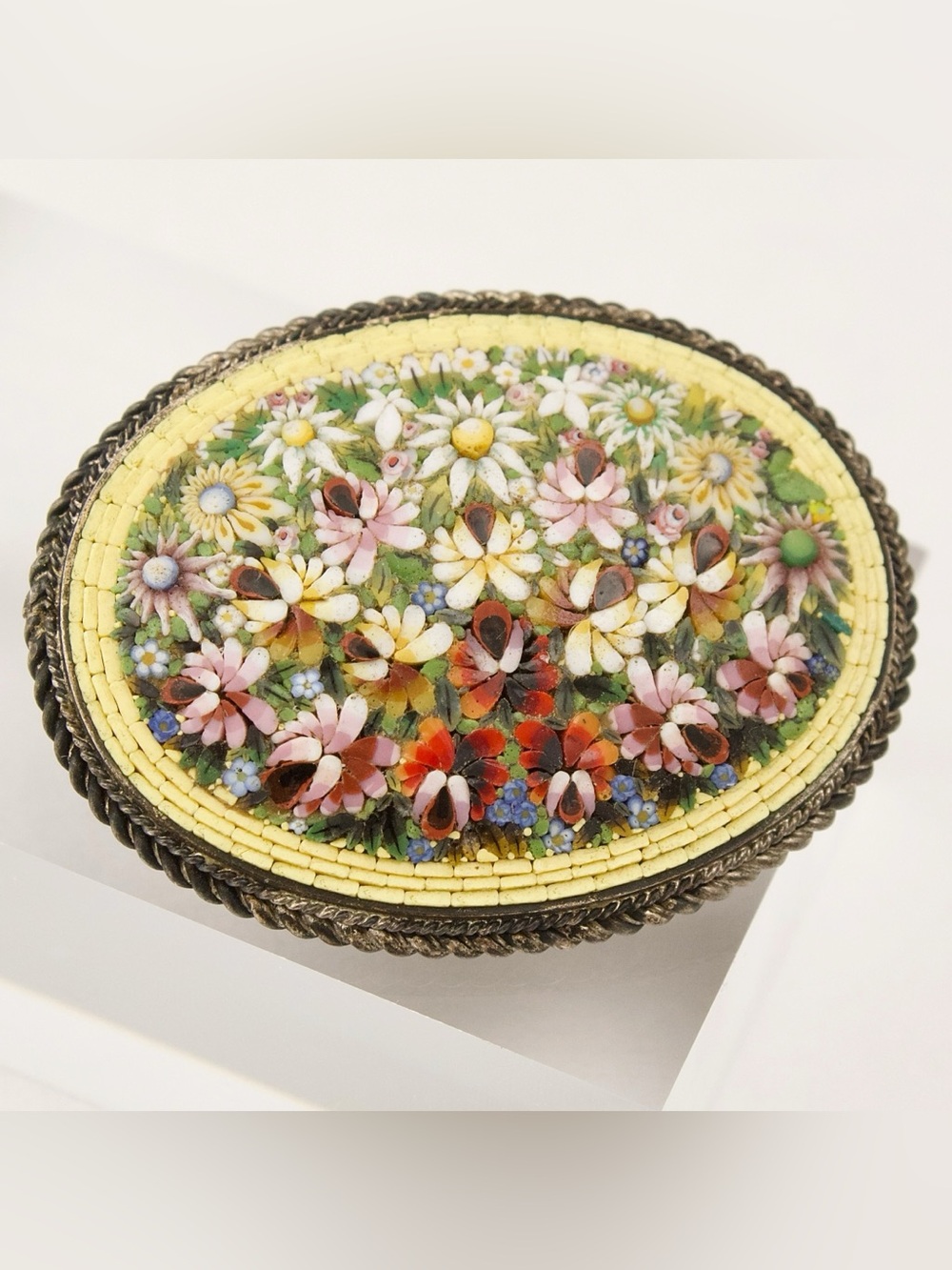 Vintage 800 Silver Italian Micro Mosaic Floral Brooch Pin